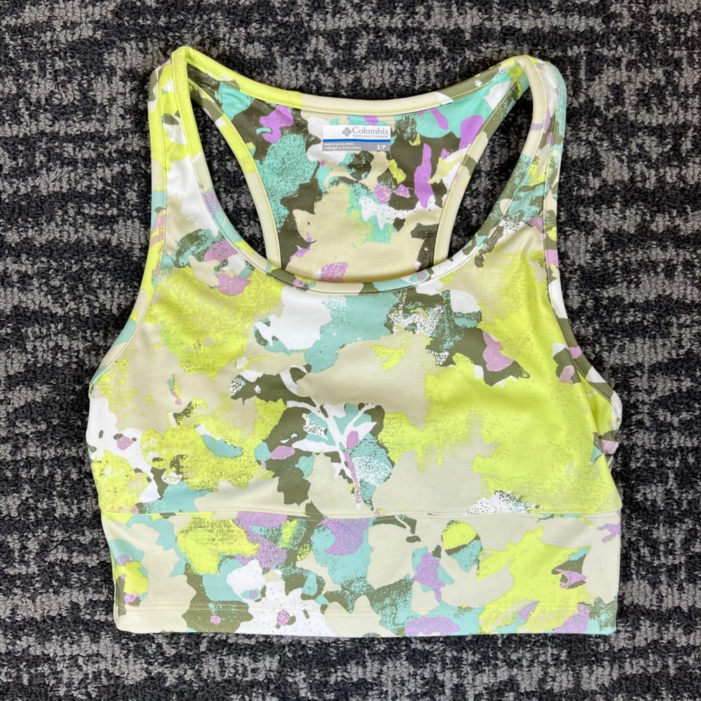 Columbia PFG Sports Bra Womens Small Green Abstract Camo Racerback Activewear